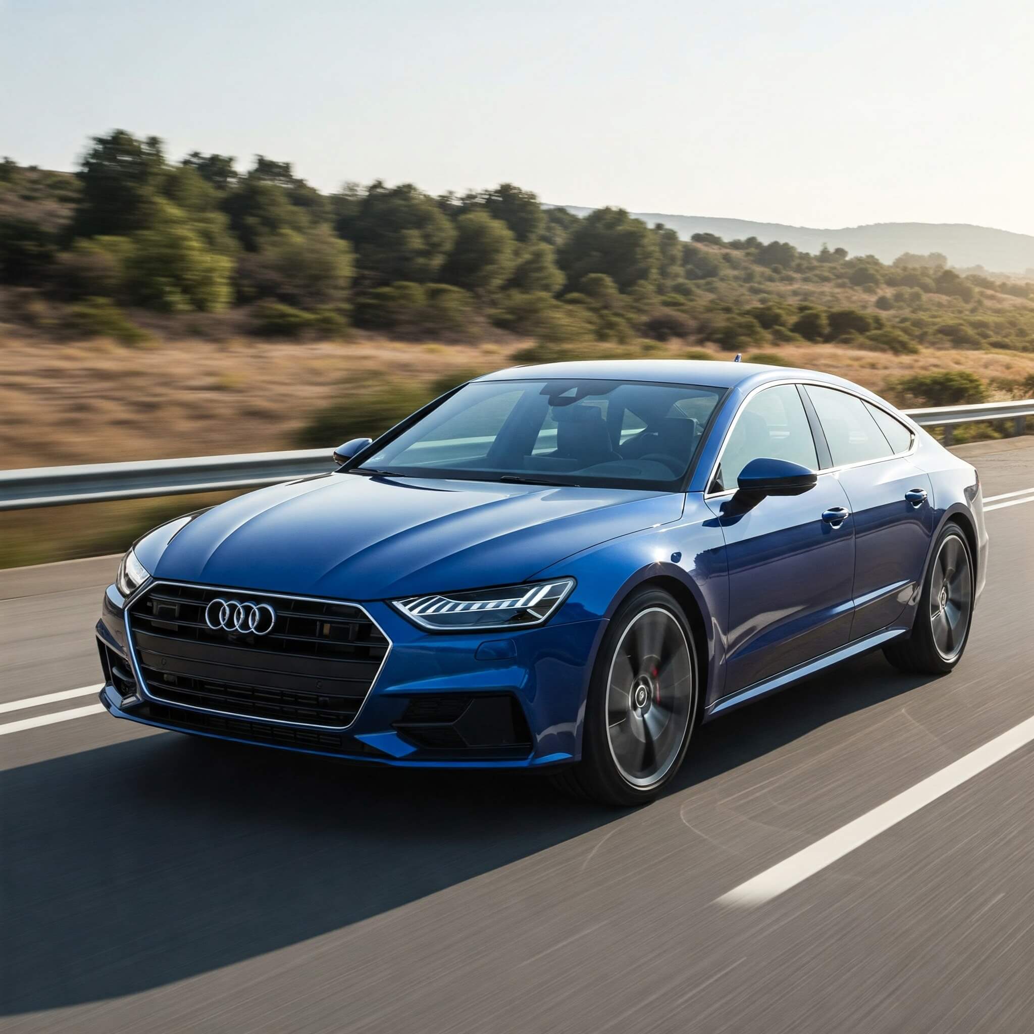 blue audi driving on the highway