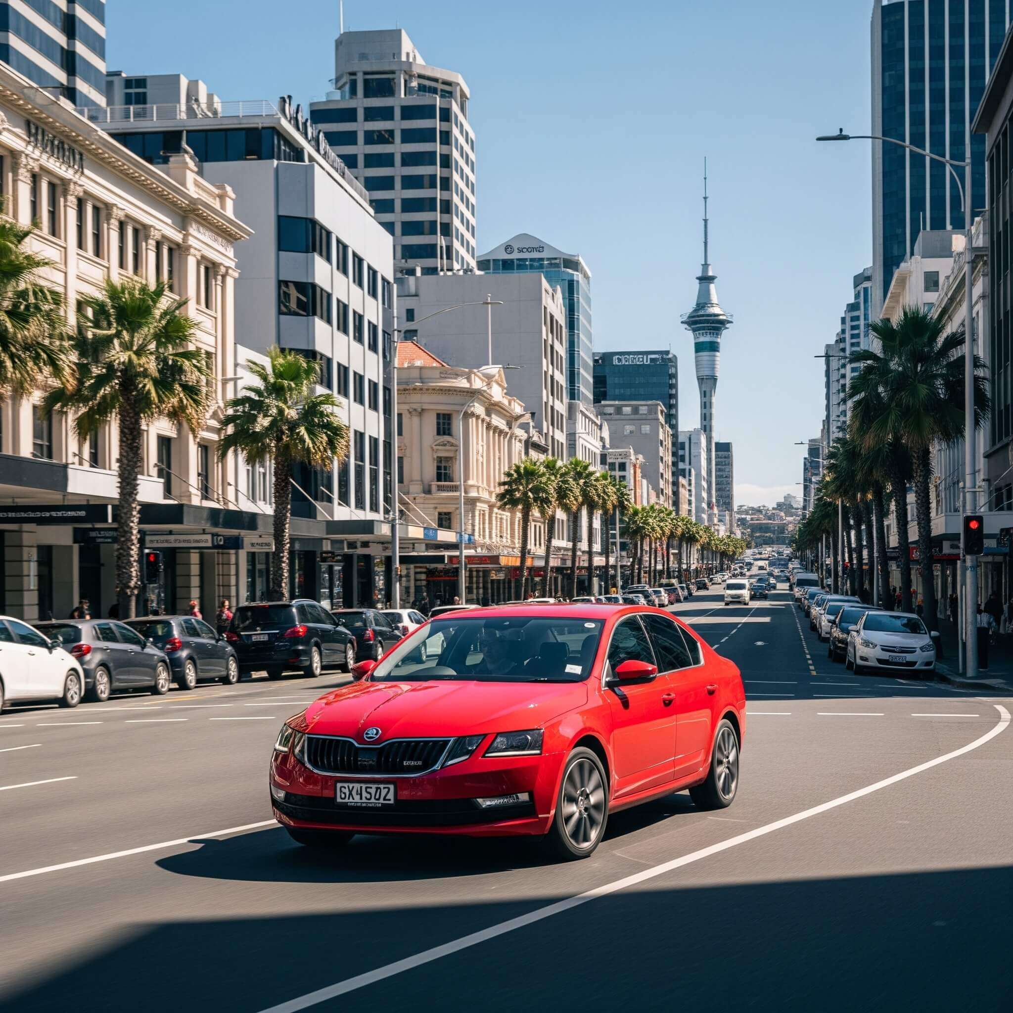 skoda car driving on the Auckland city
