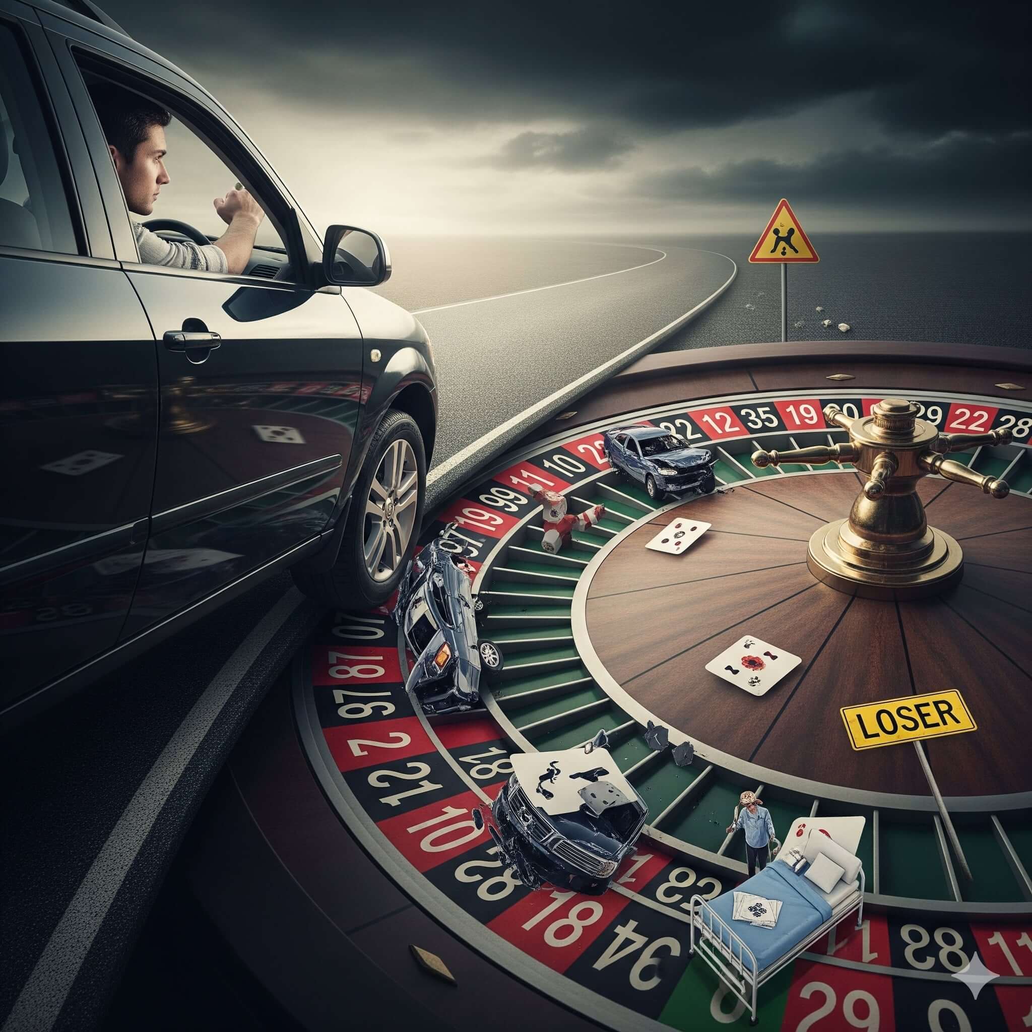 male driver risking safety on the highway like a gamble