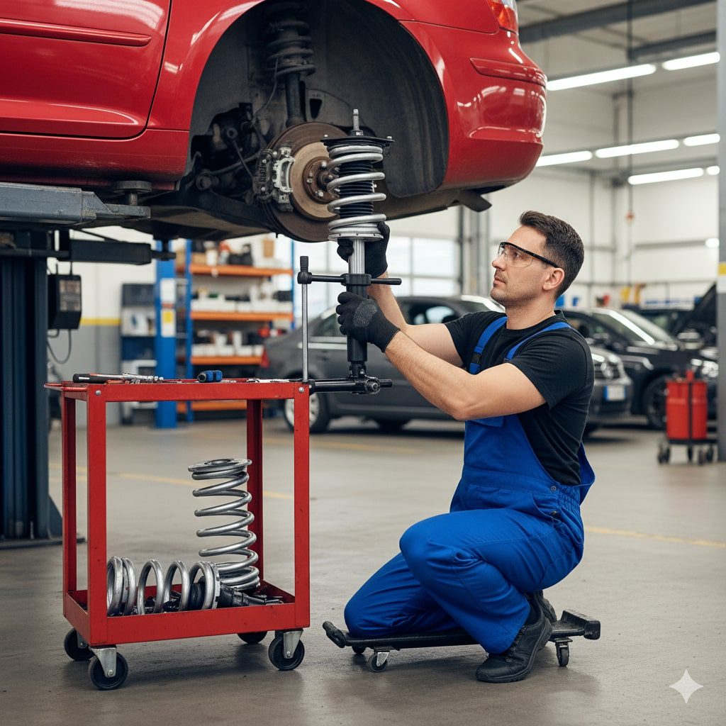 mechanic in vorsprung automobil replacing car shock absorber
