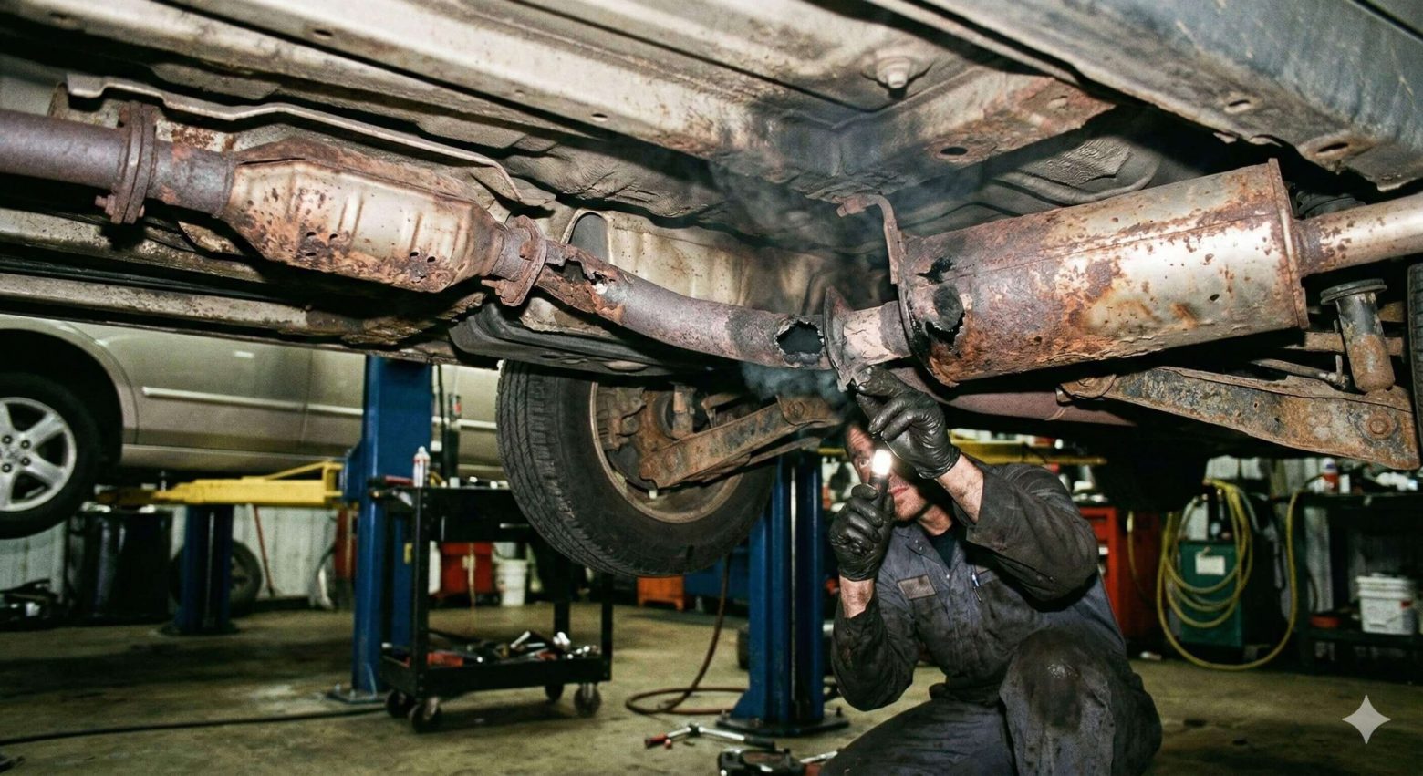 mechanic repairing a failed car exhaust