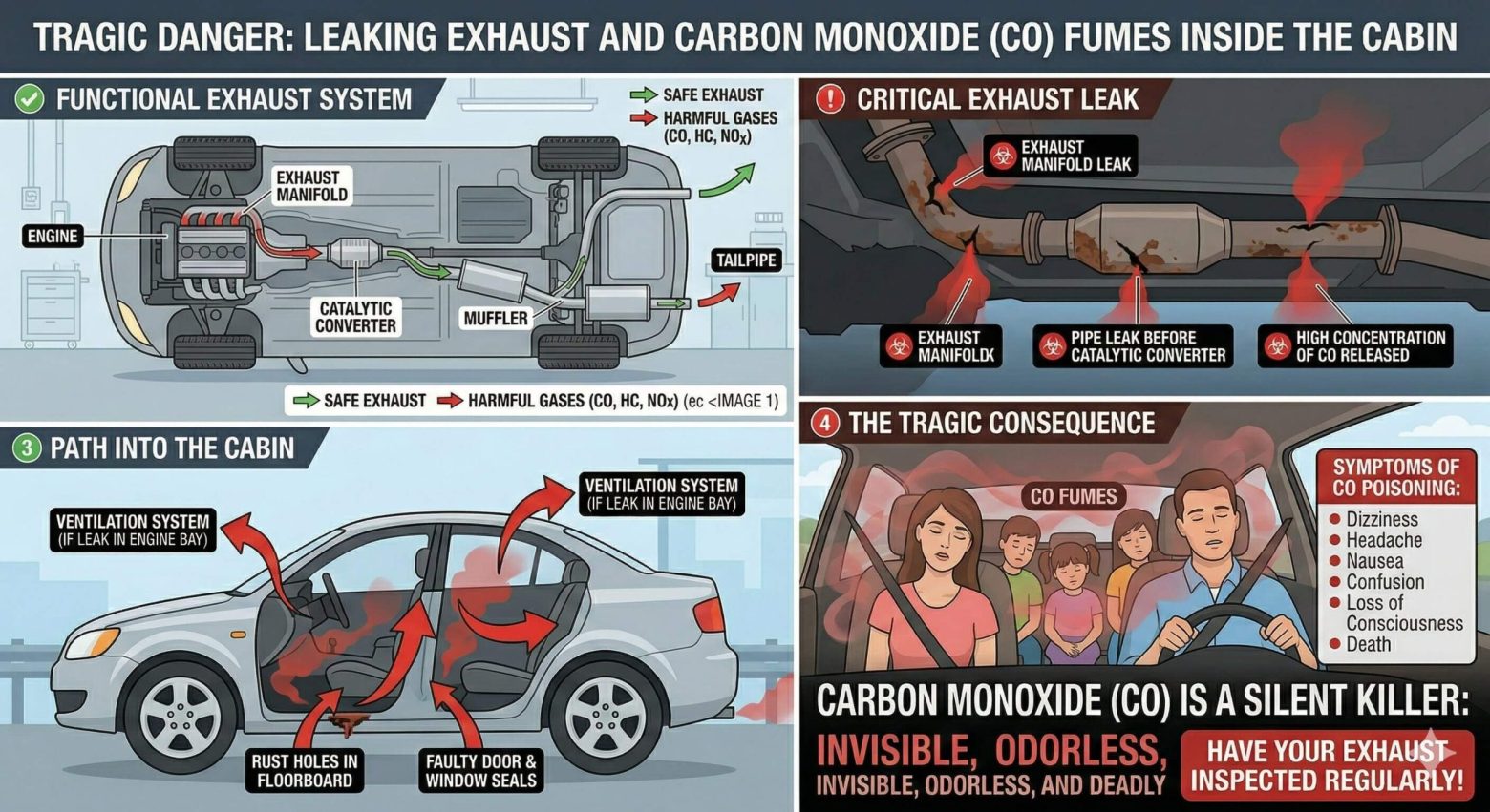 A leaking exhaust can tragically release carbon monoxide fumes inside the vehicle cabin